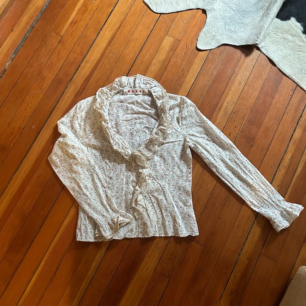 MARNI Floral Ruffle Blouse - Size M (40 IT) - Cream With Flowers